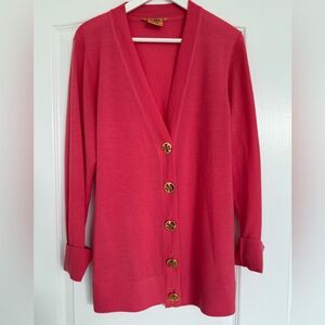 Tory Burch Pink Gold Logo Button down Cardigan Sweater .